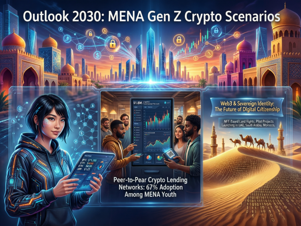 2030 outlook scenarios for MENA Gen Z crypto adoption showing bull, base, and bear cases