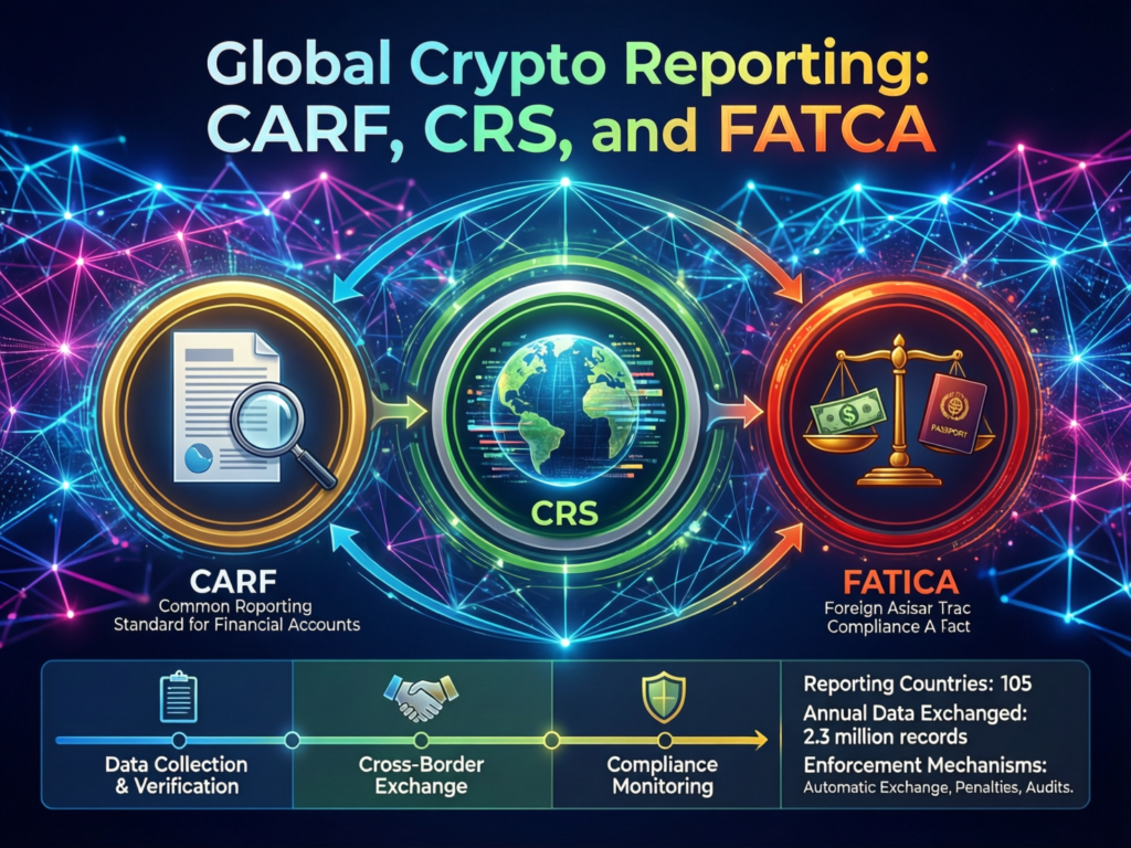 : Global CARF CRS FATCA crypto reporting map with Dubai highlighted