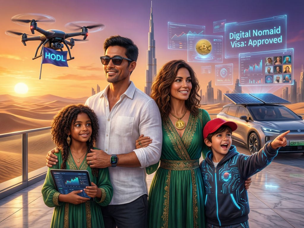 Crypto nomad family lifestyle in Dubai with skyline in background