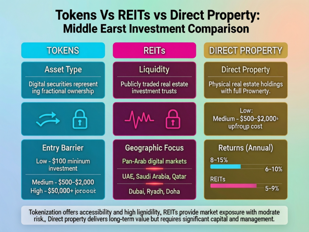 Comparison chart of Middle East real estate tokens vs REITs vs direct property for global investors