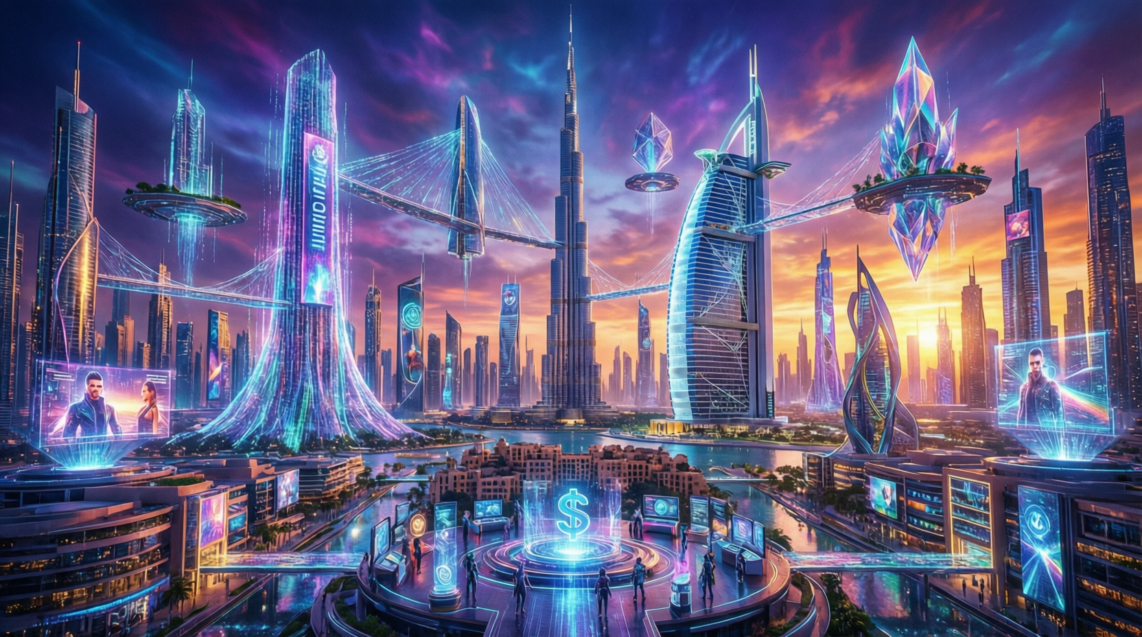 dubai-metaverse-strategy-virtual-economy-skyline.png Dubai metaverse strategy virtual economy skyline with digital overlay