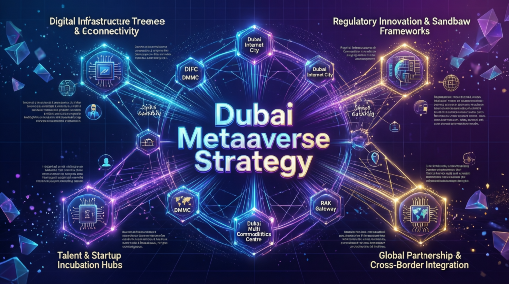 Dubai Metaverse Strategy 2030: Guide for US, UK and EU 2 : Diagram of Dubai metaverse strategy free zones and ecosystem for Web3 startups