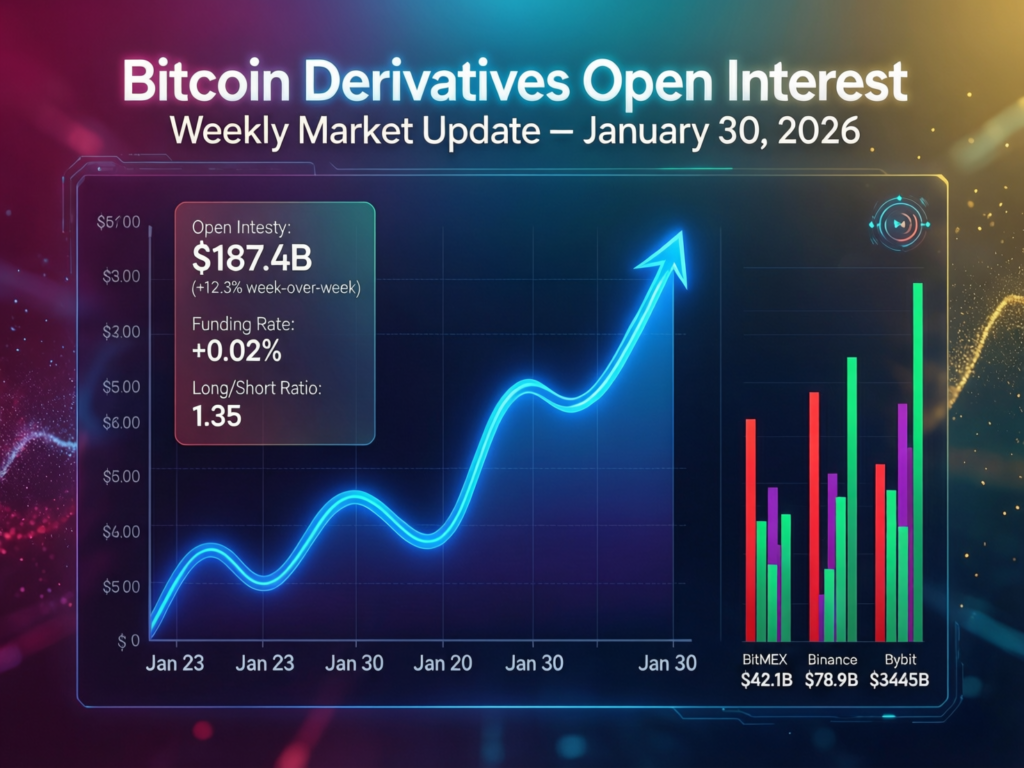 “Bitcoin weekly update illustration showing large futures open interest and volatility”
