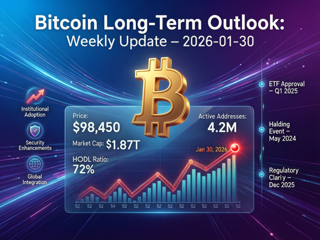 “Long-term Bitcoin outlook visual with bright horizon behind a Bitcoin symbol”