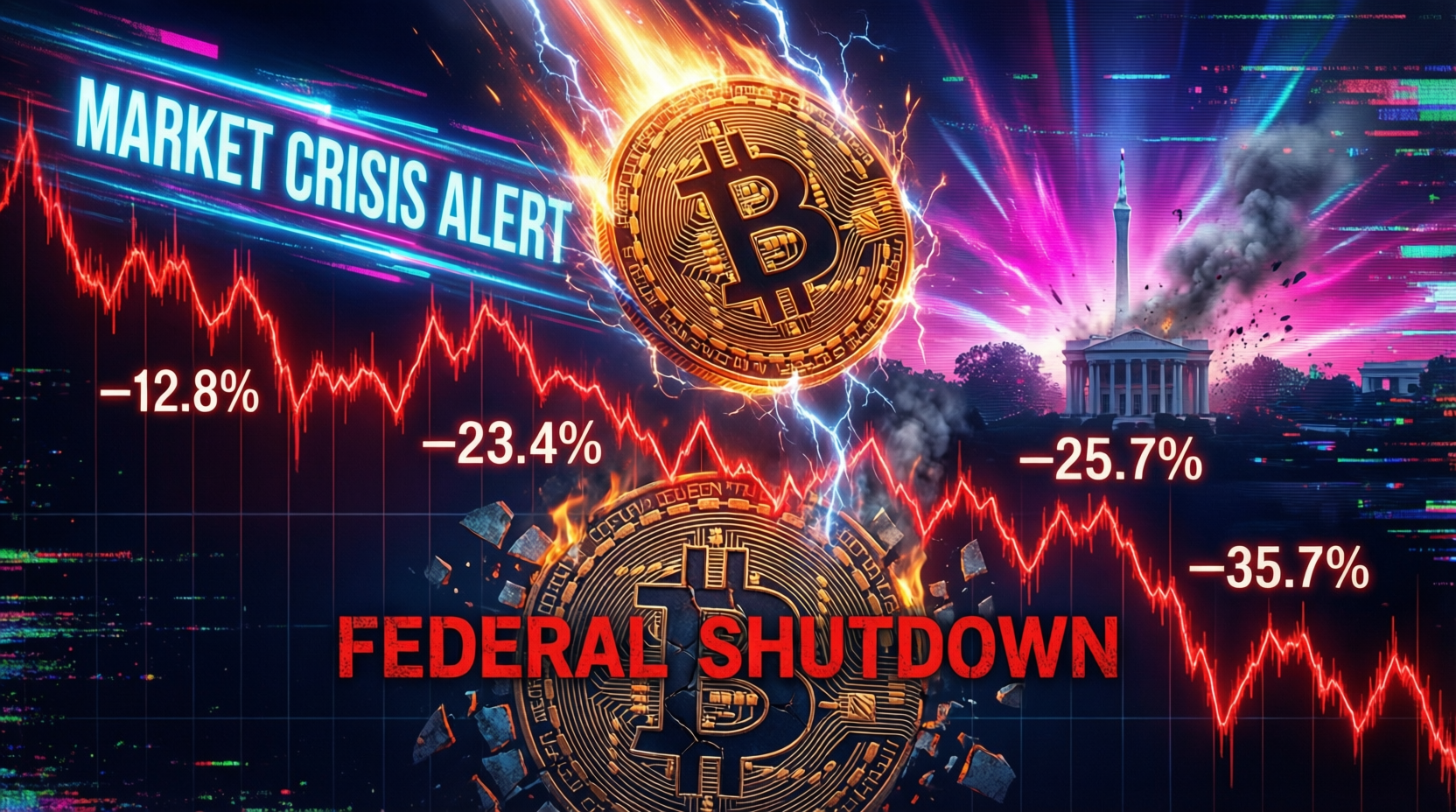 “Bitcoin falls amid US government shutdown” price chart on a dark terminal