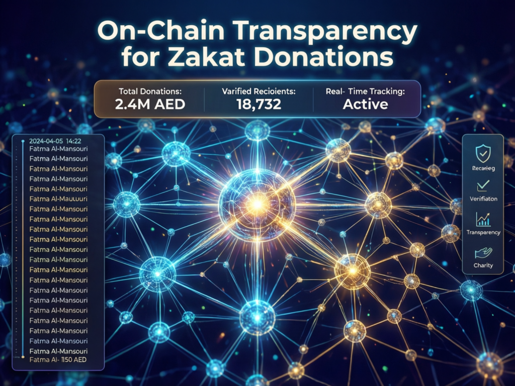 On-chain transparency showing crypto zakat donations flowing from wallet to refugee families
