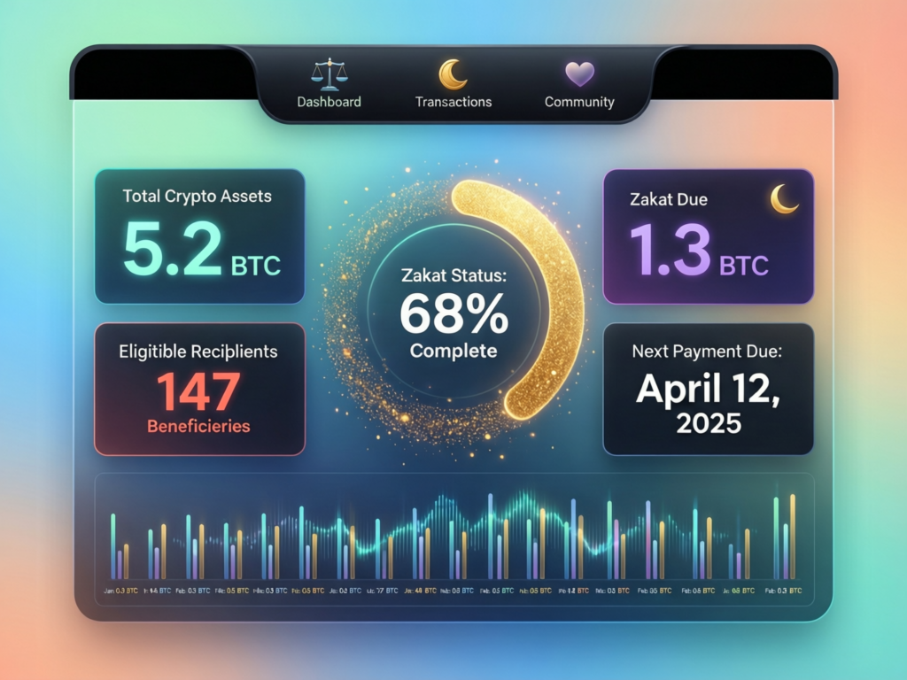 Shariah-compliant crypto zakat platform dashboard with compliance badges and stablecoins