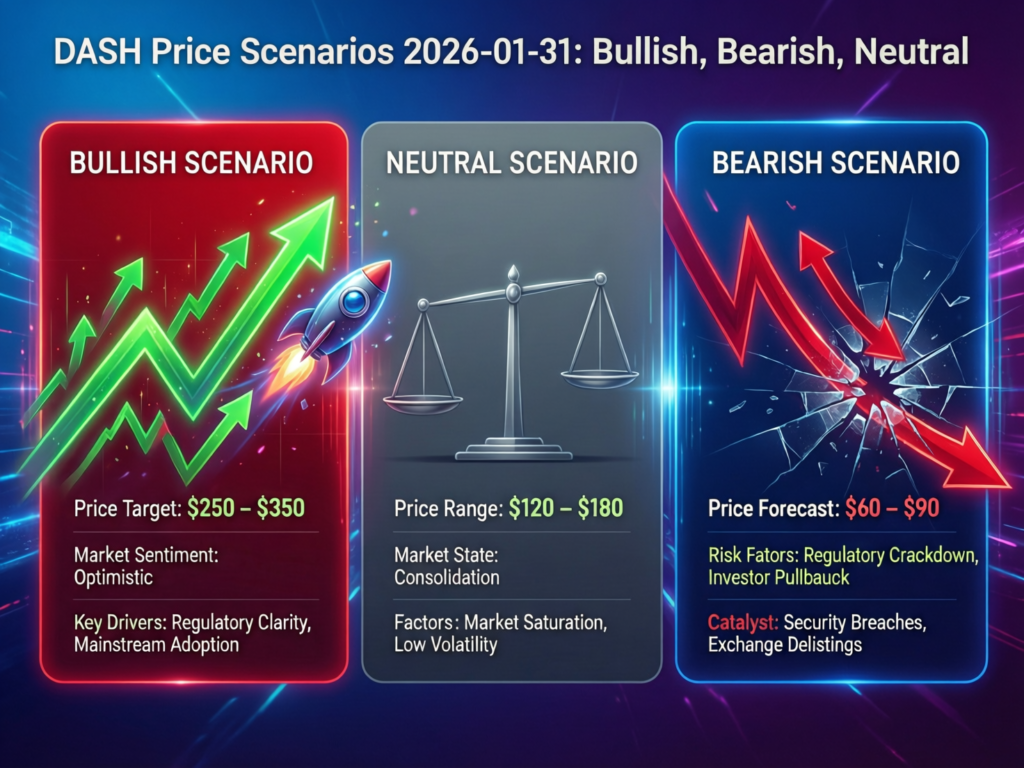 “Dash weekly price scenarios for 2026 showing bullish, neutral and bearish paths”