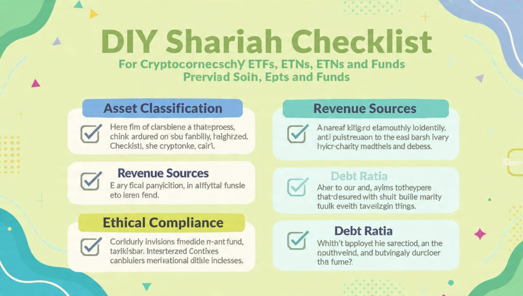 Checklist graphic showing key steps to screen a crypto ETF, ETN or fund for Shariah compliance.
