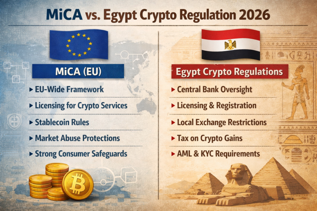 Comparison chart of Egypt’s crypto ban versus EU MiCA licensing regime in 2026.