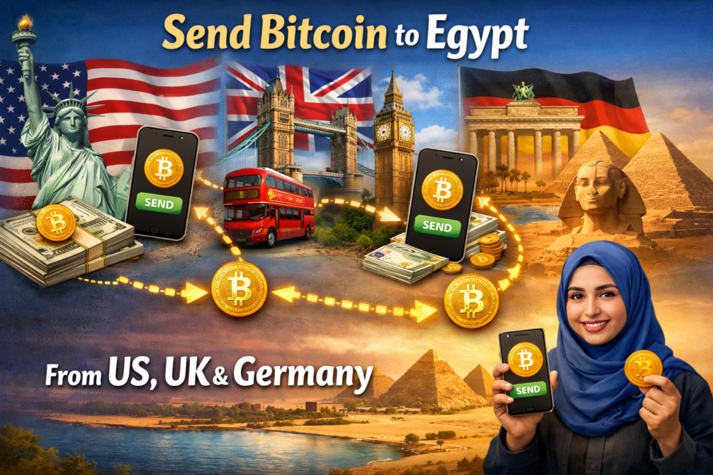 How to Buy Bitcoin in Egypt Without Bank (Safe Guide) 4 Diagram of sending bitcoin to Egypt from US, UK and Germany without bank transfers