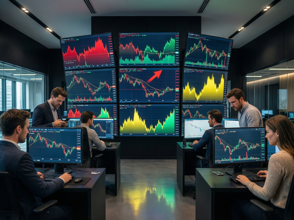 “Traders watching crypto markets on multi-screen desk”