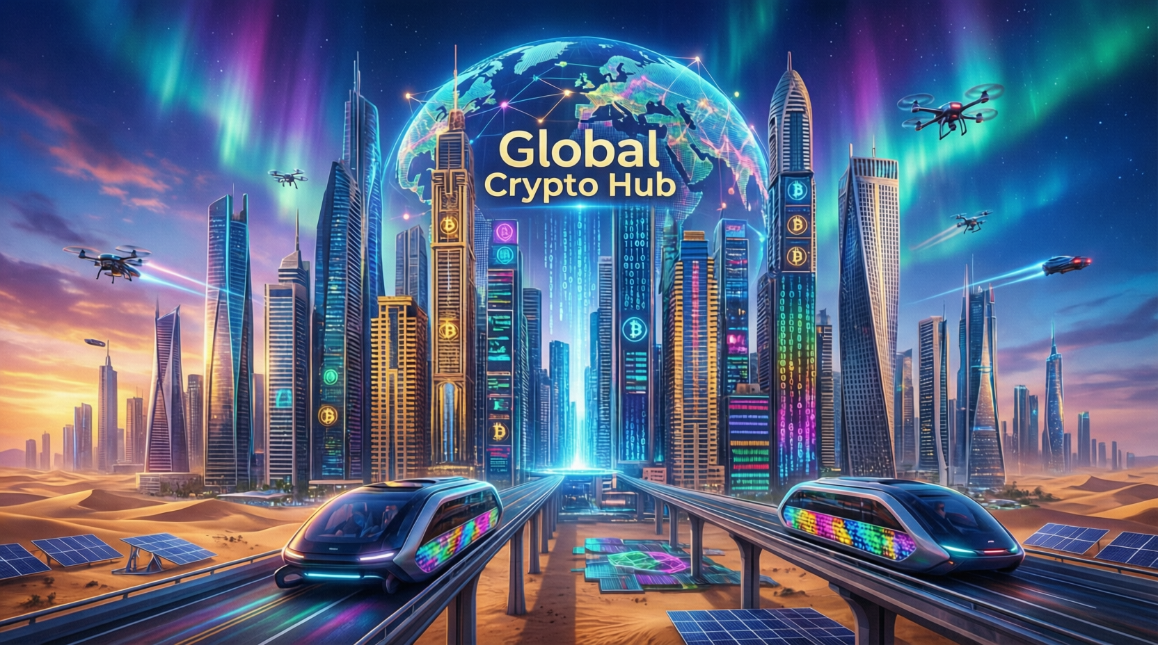 Aerial view of Dubai financial district representing the middle east crypto hub in 2025