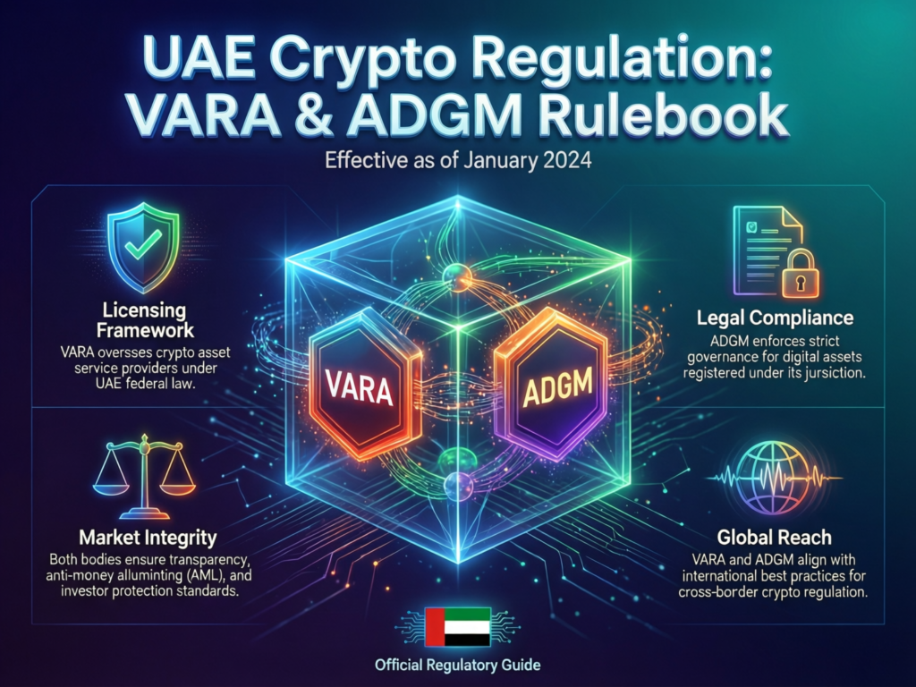 Diagram explaining UAE VARA and ADGM crypto regulation within the middle east crypto hub