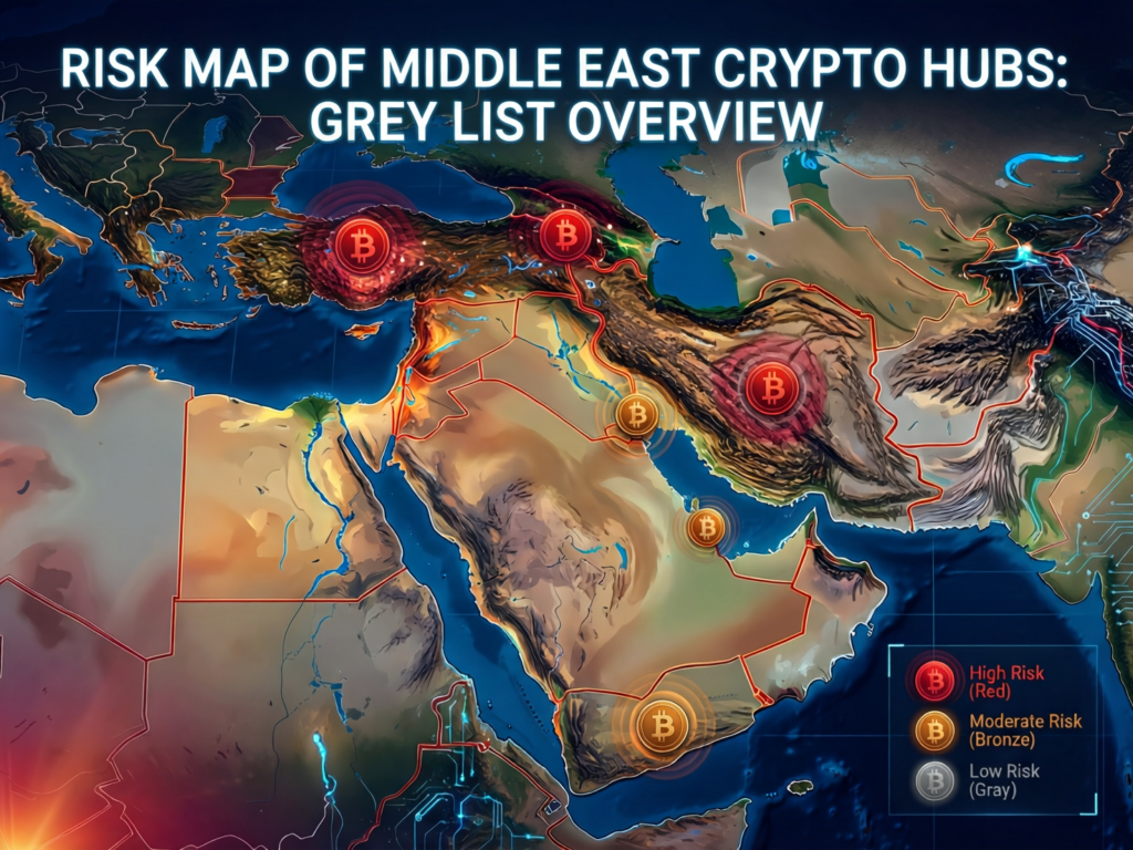 Stylised risk map of the Middle East showing crypto hubs and FATF grey-list exposure