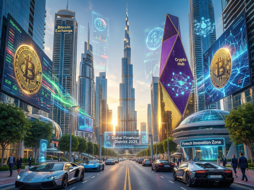Dubai financial district skyline with digital Bitcoin adoption overlay for Arab markets