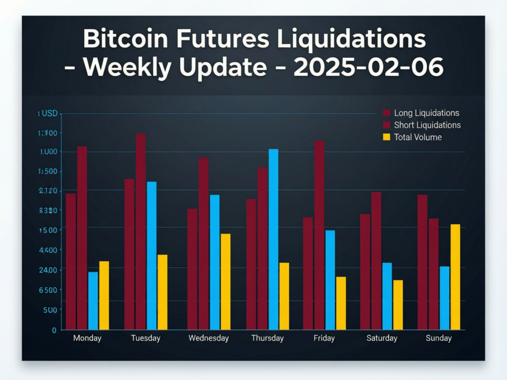 “Bitcoin weekly update visual showing futures liquidations and high volatility”