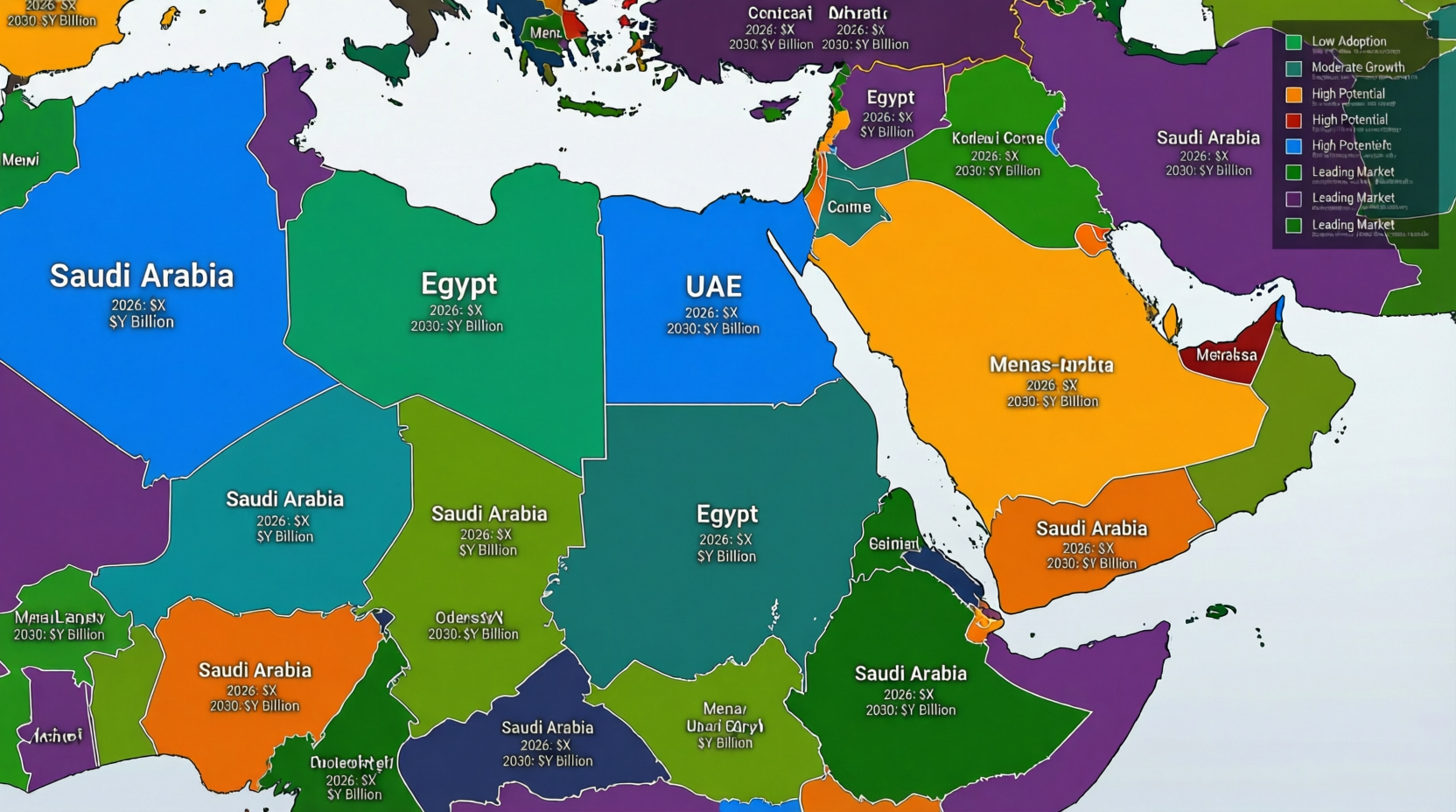 Map visualising the MENA crypto market forecast 2026–2030 for global investors