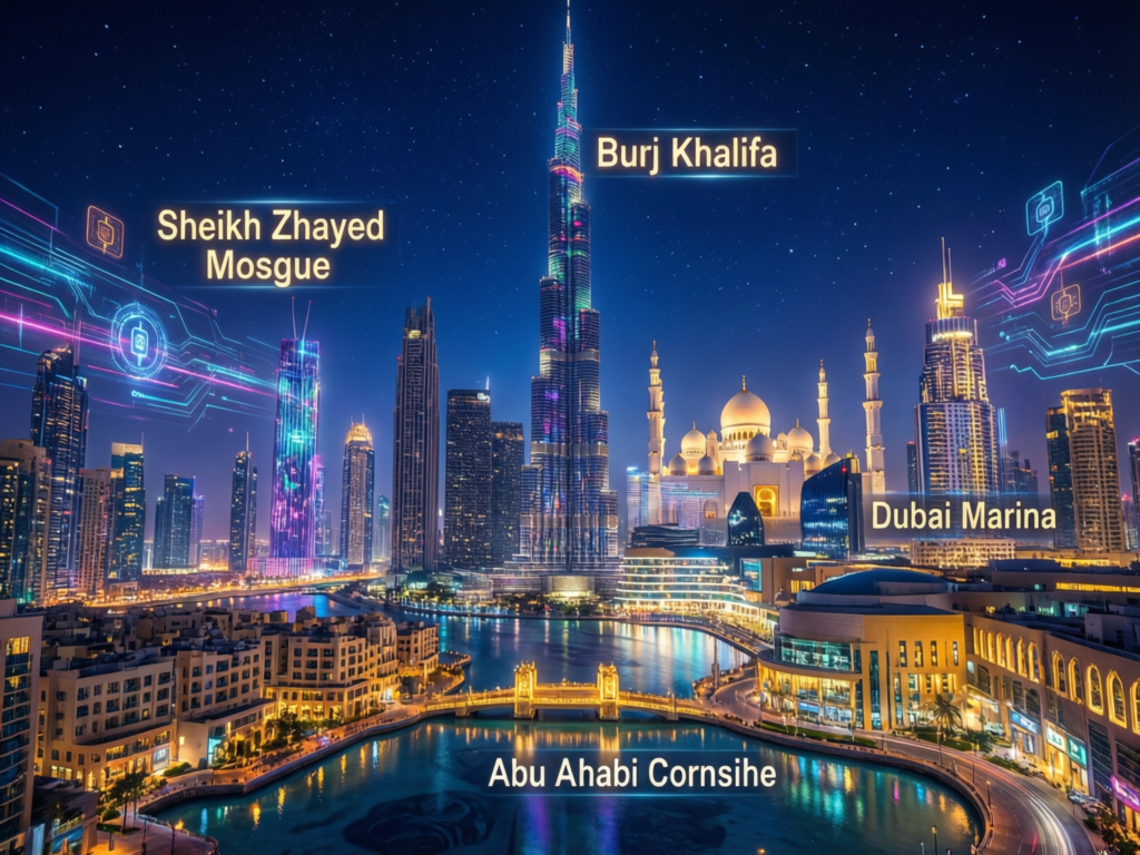 Dubai and Abu Dhabi skyline symbolising MENA crypto hubs and digital asset regulation