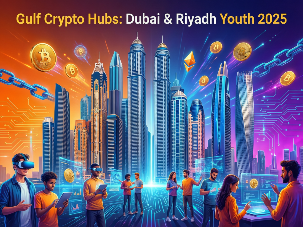 Illustration of Dubai and Riyadh as Gulf crypto hubs shaping youth adoption