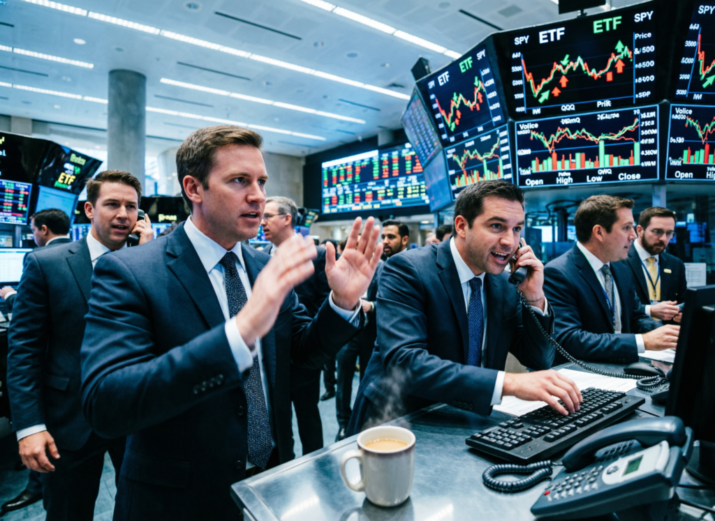 “Traders on a U.S. exchange floor as bitcoin ETF volumes pick up”