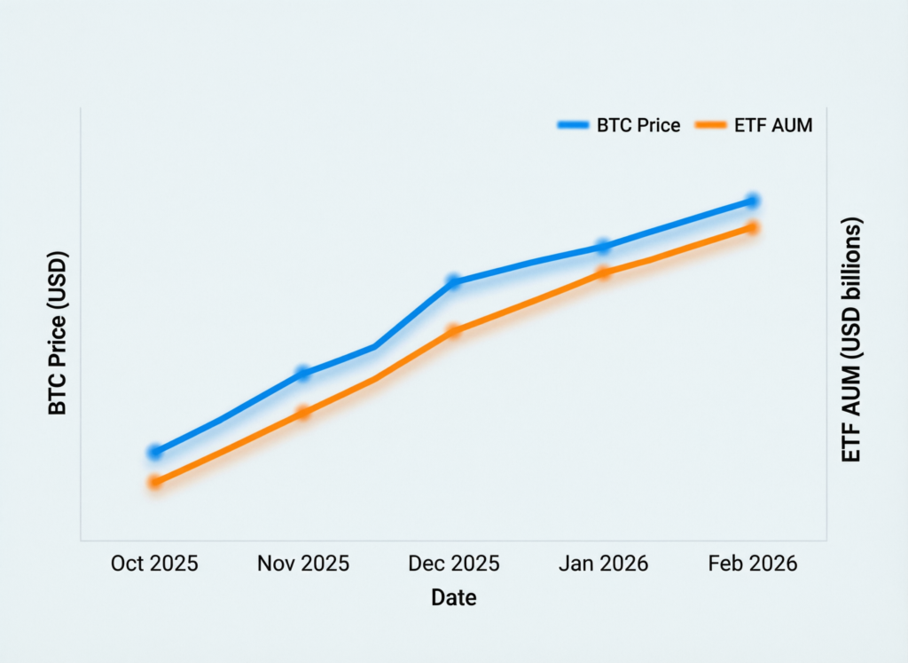 “Line chart comparing BTC price with ETF AUM from Oct 2025 to Feb 2026”