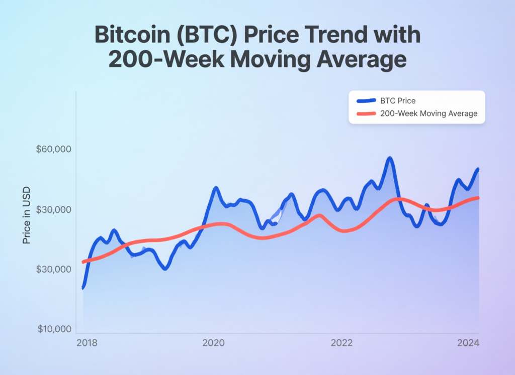 “Bitcoin price versus 200-week moving average around $58k”