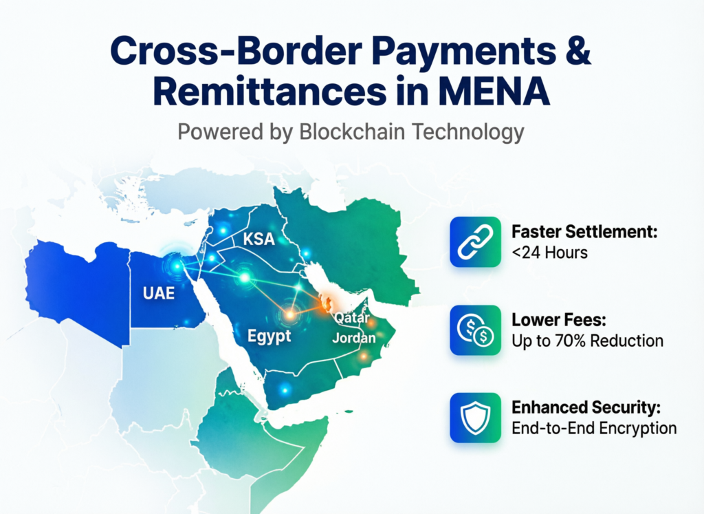 Blockchain Use Cases in MENA for US, UK and EU Firms 2 Diagram of blockchain-based cross-border payments and remittances in MENA