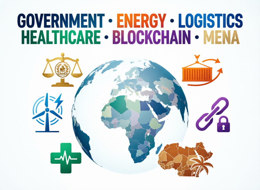 Blockchain Use Cases in MENA for US, UK and EU Firms 3 Illustration of government, energy, logistics and healthcare blockchain use cases in MENA