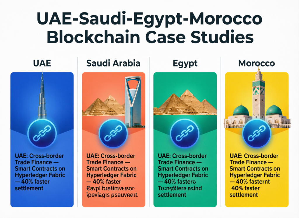 Blockchain Use Cases in MENA for US, UK and EU Firms 4 Visual summary of UAE, Saudi Arabia, Egypt and Morocco blockchain case studies