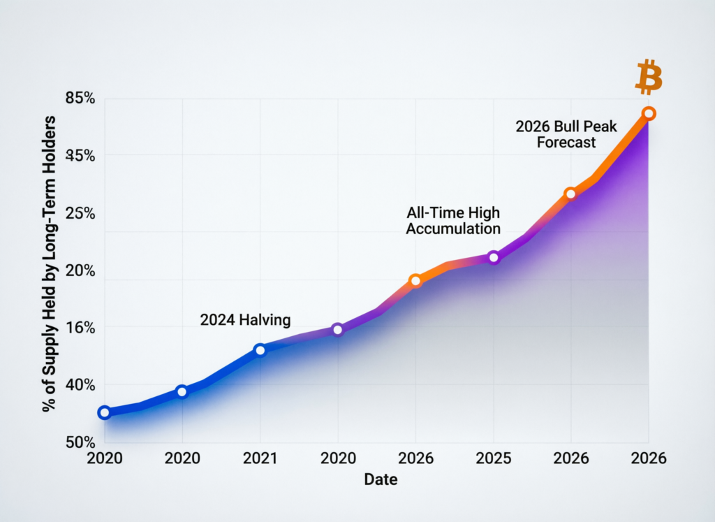 “Long-term Bitcoin holders and macro trend concept with city skyline and BTC logo”