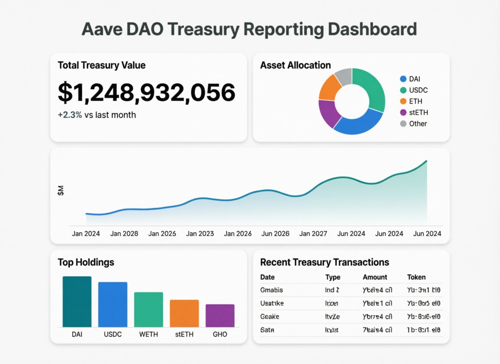 Multicoin supports “Aave Will Win,” wants clear definition of “100% revenue” 2 Dashboard concept showing revenue attribution and DAO treasury inflows