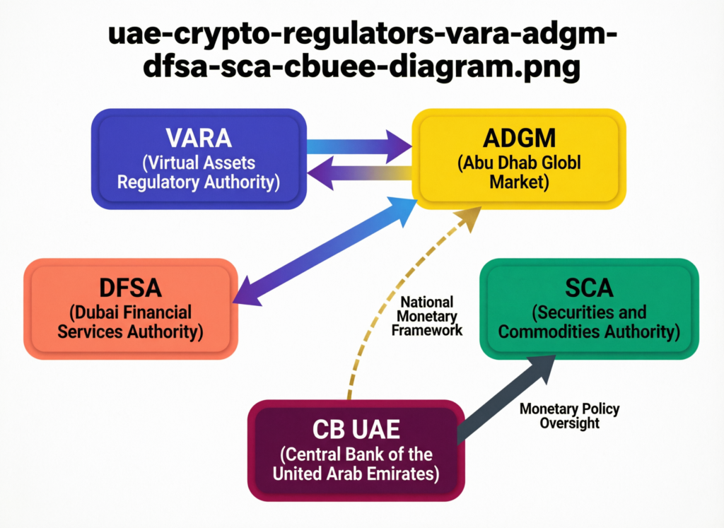 Is Crypto Legal in UAE? 2026 Guide for US & Europe 2 Diagram of UAE crypto regulators VARA, ADGM FSRA, DFSA, SCA and CBUAE