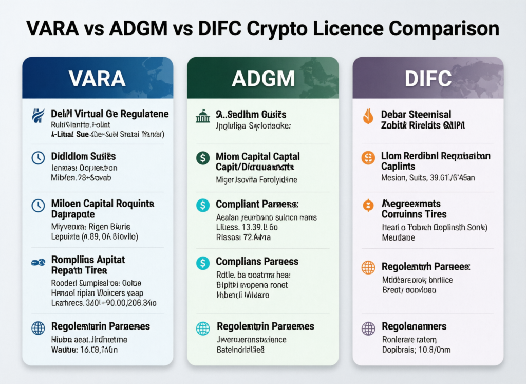 Is Crypto Legal in UAE? 2026 Guide for US & Europe 3 Comparison chart of VARA vs ADGM vs DIFC crypto licence options