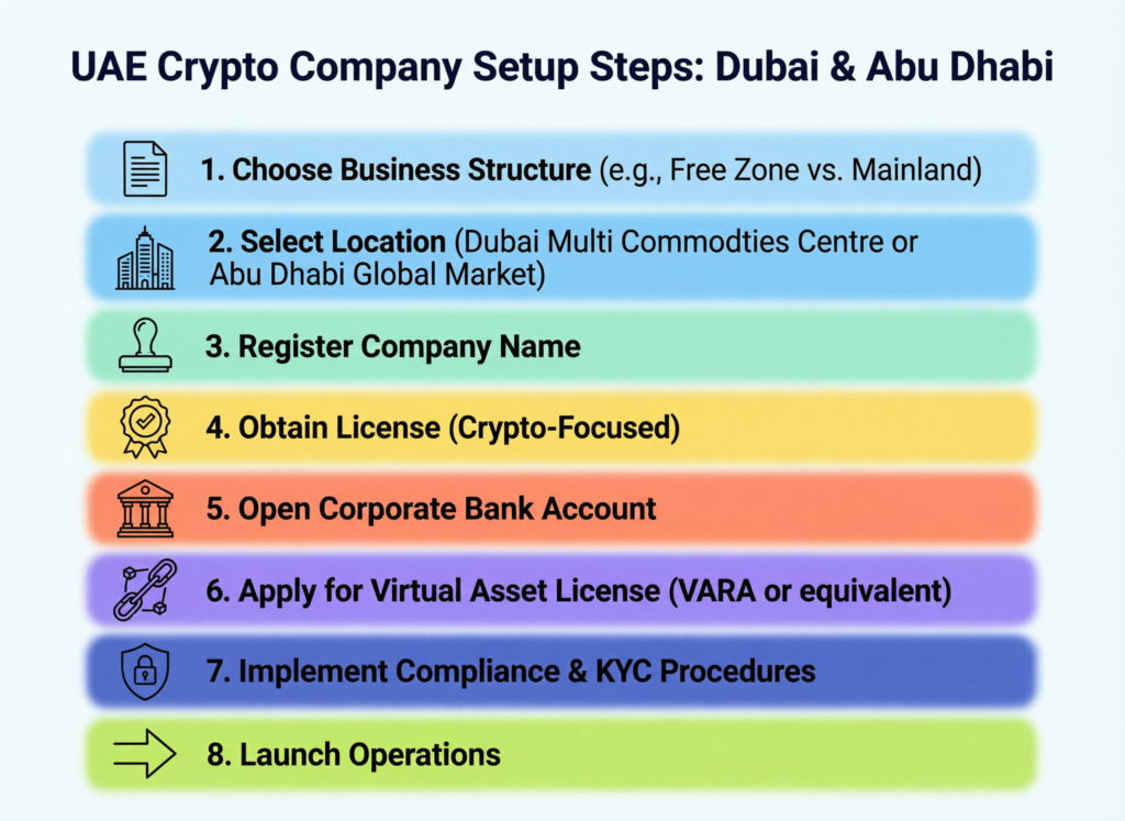 Is Crypto Legal in UAE? 2026 Guide for US & Europe 4 Step-by-step flow for setting up a crypto company in Dubai or Abu Dhabi