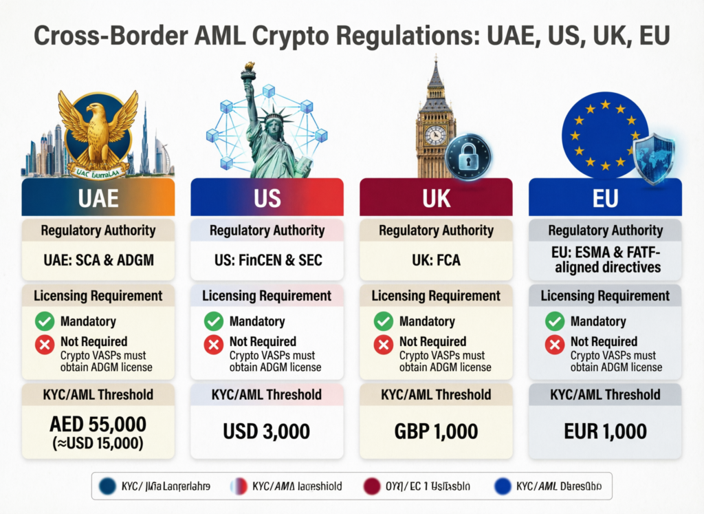 Is Crypto Legal in UAE? 2026 Guide for US & Europe 5 Illustration of cross-border AML and Travel Rule obligations between UAE, US, UK and EU crypto users