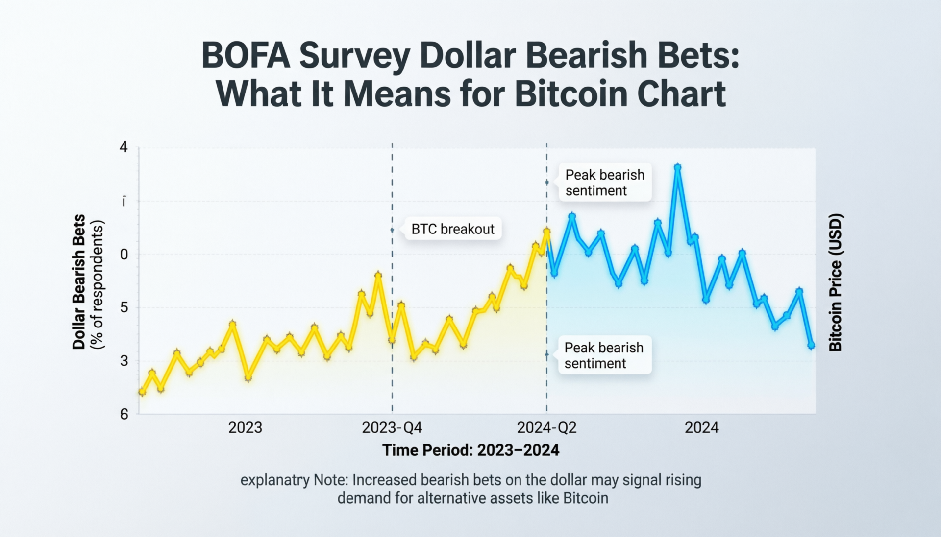 “BofA survey dollar bearish bets and what it means for bitcoin shown with DXY and BTC lines”