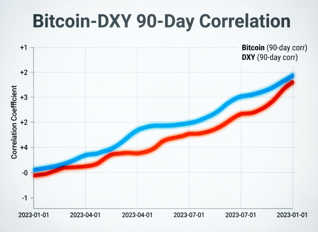 “Chart of bitcoin and DXY 90-day correlation shifting positive”