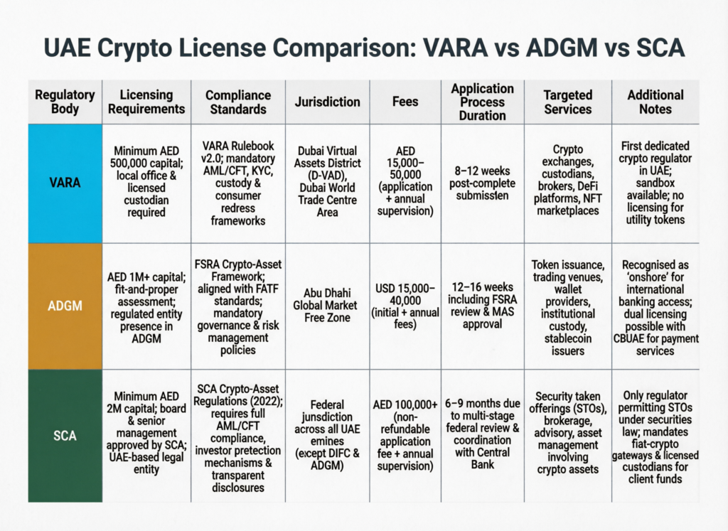 VARA vs ADGM vs SCA UAE: Guide for US & EU Firms 3 Side-by-side UAE crypto license comparison for VARA, ADGM and SCA