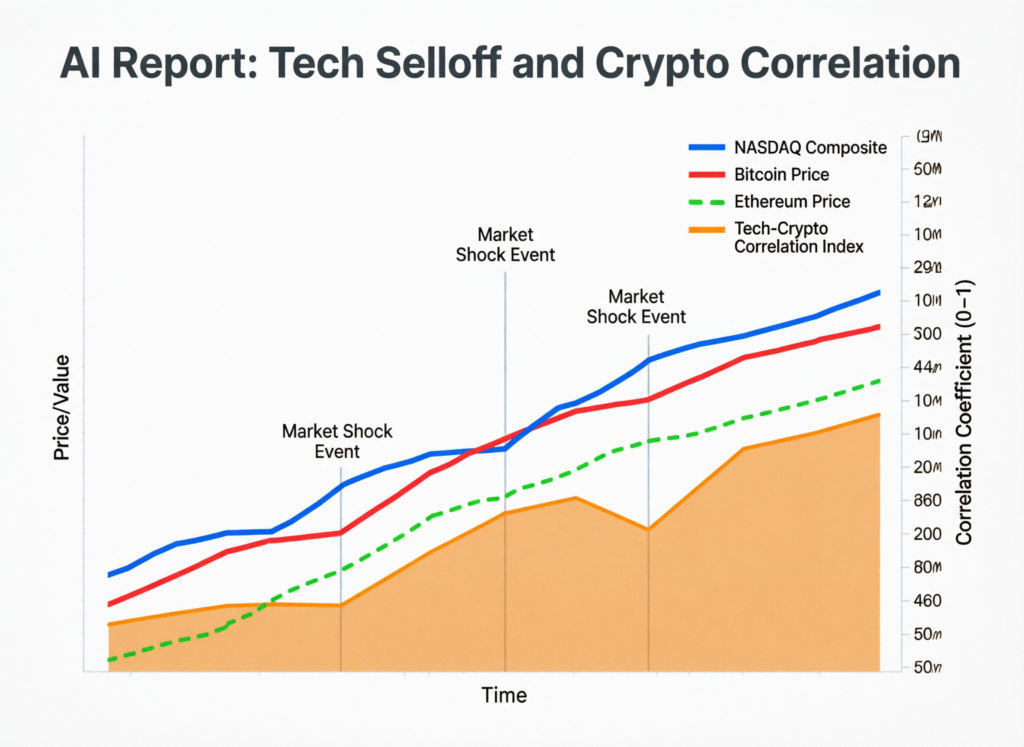 Graphic illustrating AI-report-driven tech selloff and crypto volatility