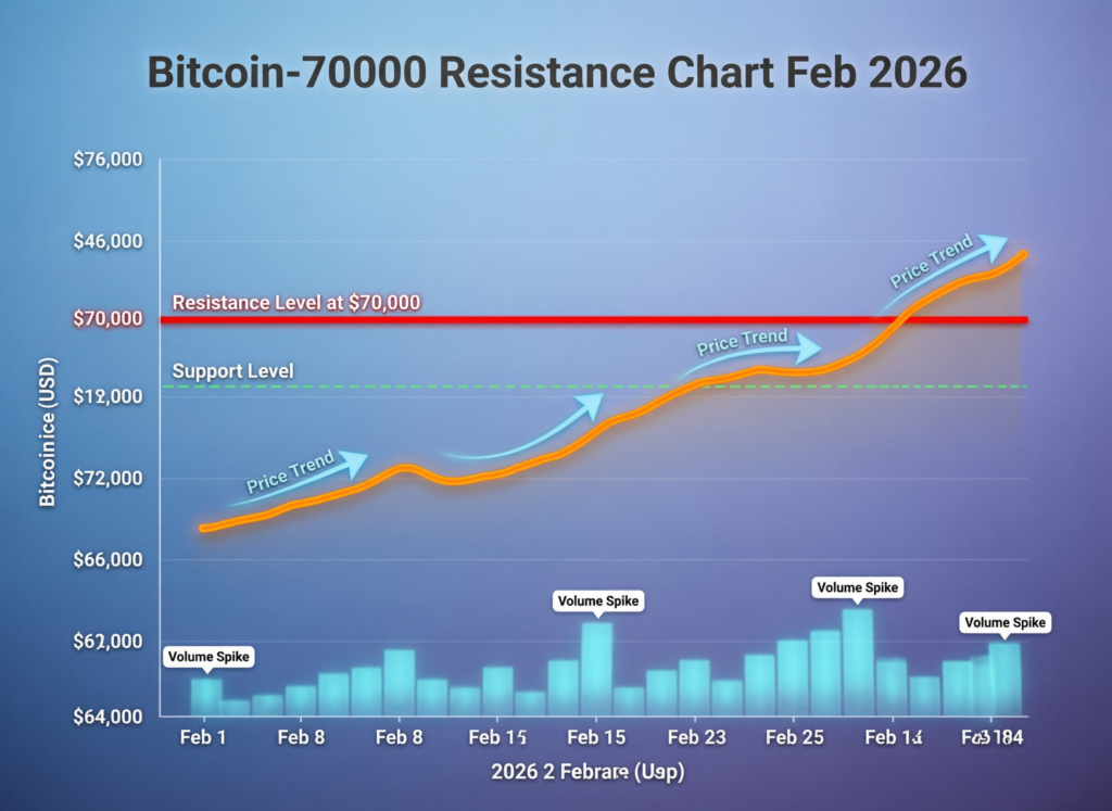 Bitcoin touches $70,000, then fades as ether and solana lead risk-on rebound 2 Bitcoin price chart showing rejection near the $70,000 level