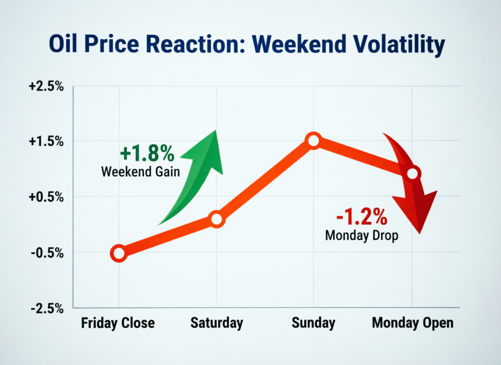 Hyperliquid sees oil, gold, silver perps climb after U.S.-Israel strikes on Iran 3 Oil price line chart illustrating weekend volatility