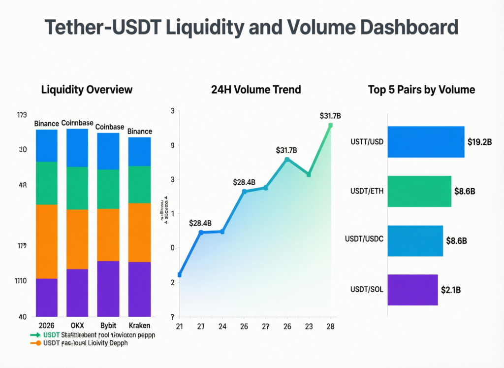 “Dashboard-style visualization of Tether USDT liquidity, trading volume, and circulating supply metrics”