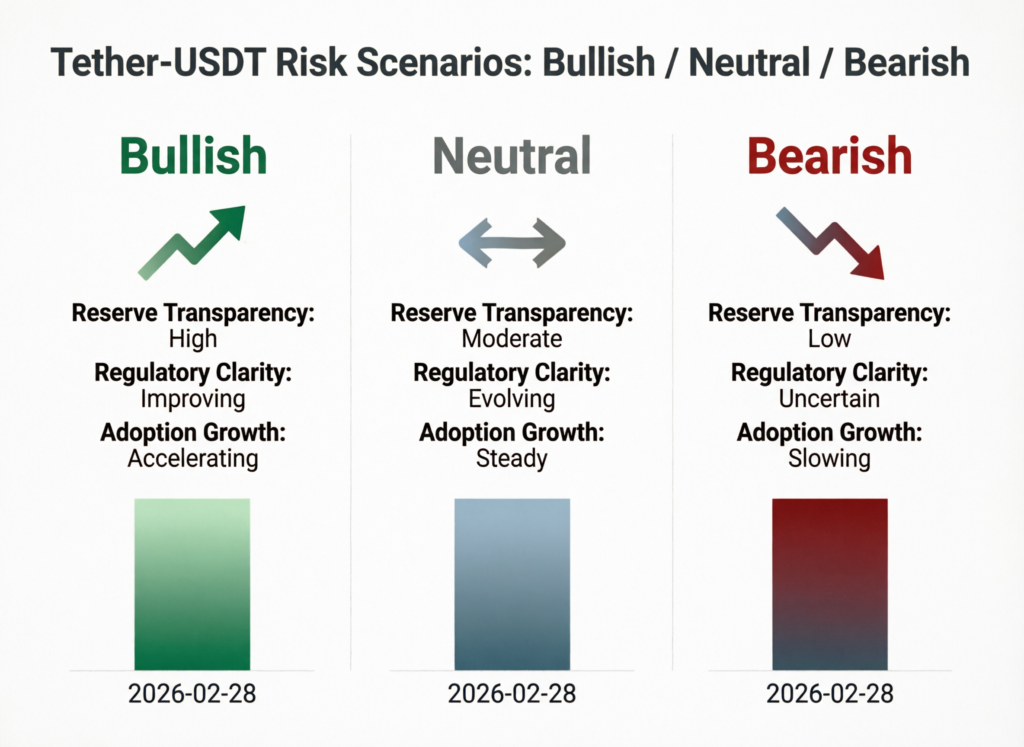 “Three-path fork visual representing bullish, neutral, and bearish risk scenarios for Tether USDT”