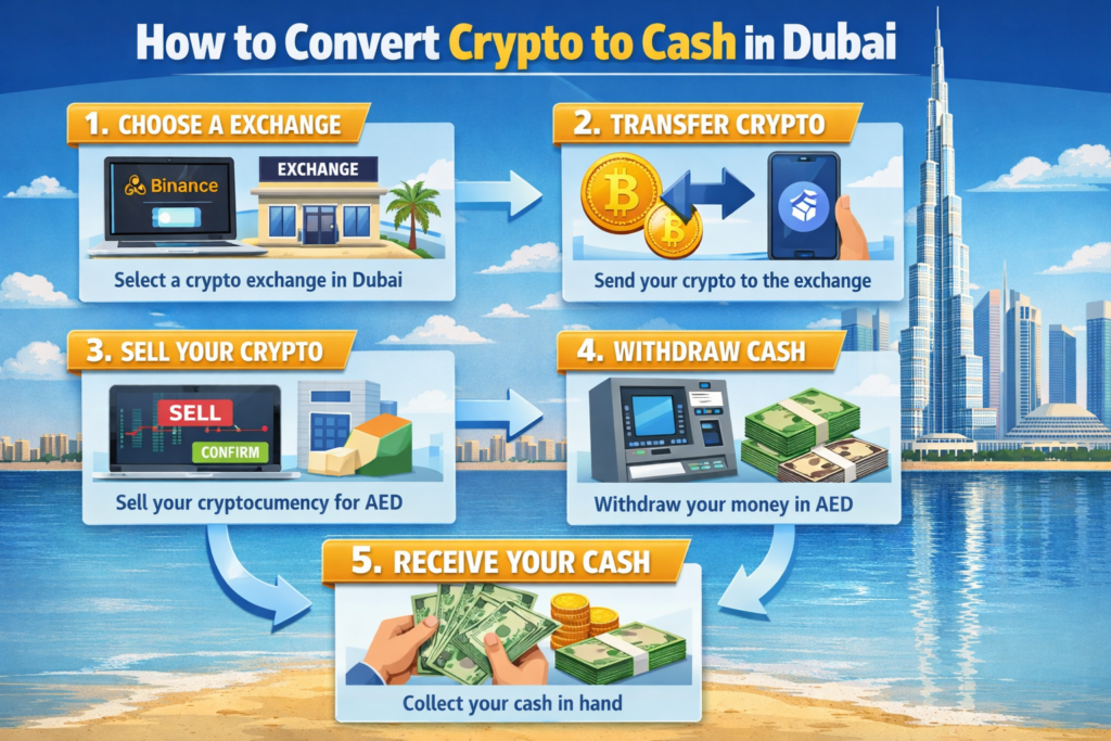 Step-by-step flow to convert crypto to cash in Dubai safely