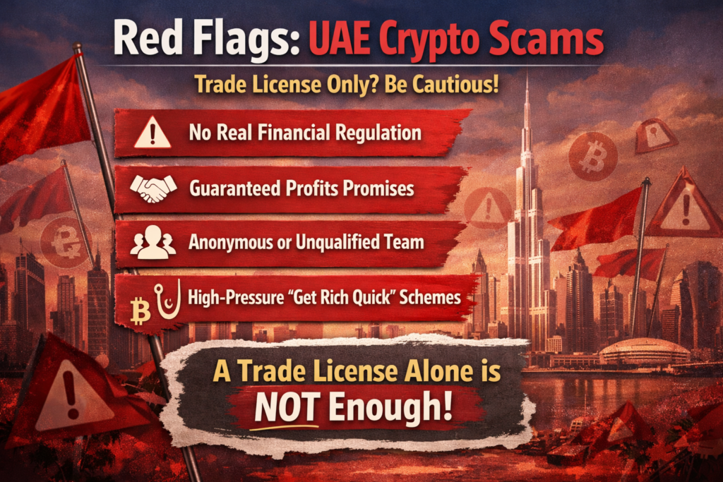 UAE Crypto License Verification: Step-by-Step Guide 5 Warning icons highlighting red flags in UAE crypto offers with only trade licences