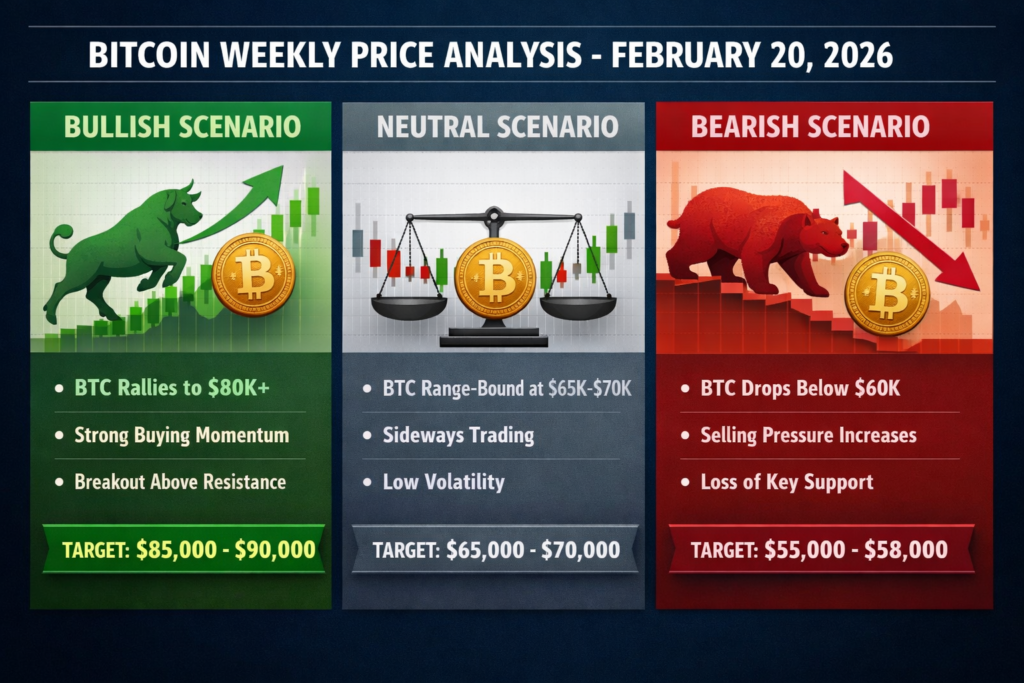 Bitcoin (BTC) Weekly Update Price Analysis This Week & Key Levels After the February Crash (Feb 20, 2026) 5 “Bitcoin weekly update graphic depicting bullish, neutral and bearish scenarios for BTC price”