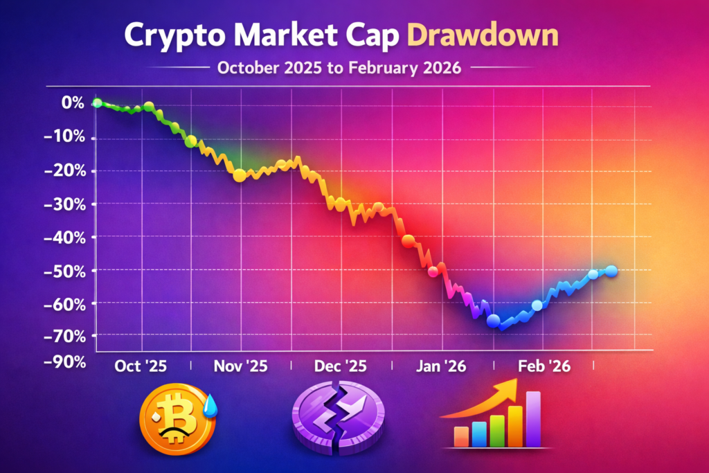 “Crypto market cap drawdown from October 2025 peak”