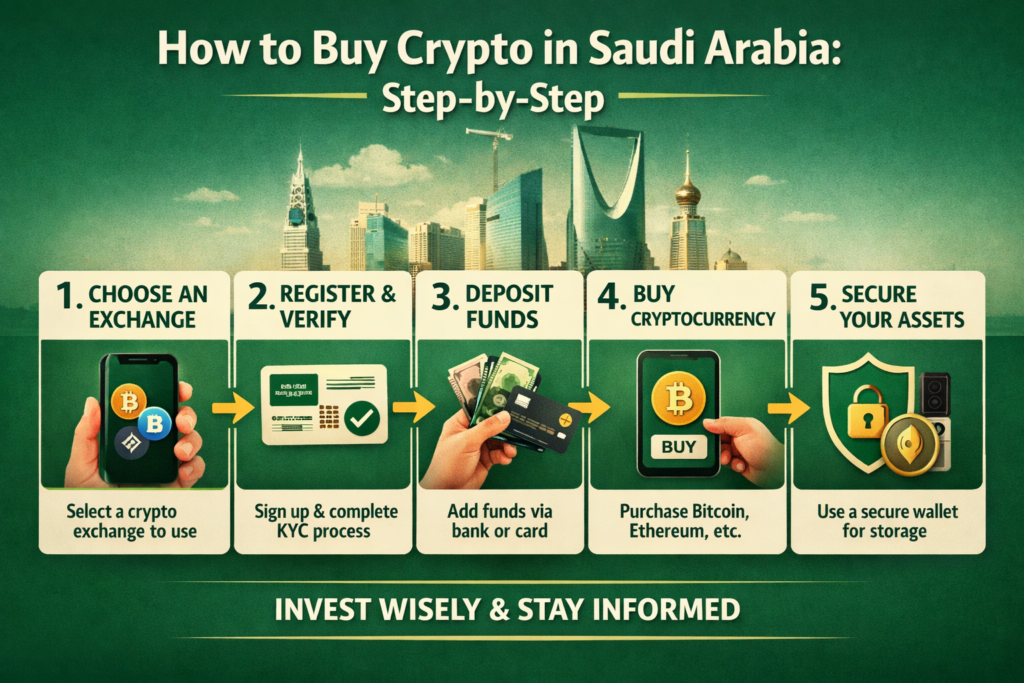 Step-by-step flowchart showing how to buy crypto in Saudi Arabia safely