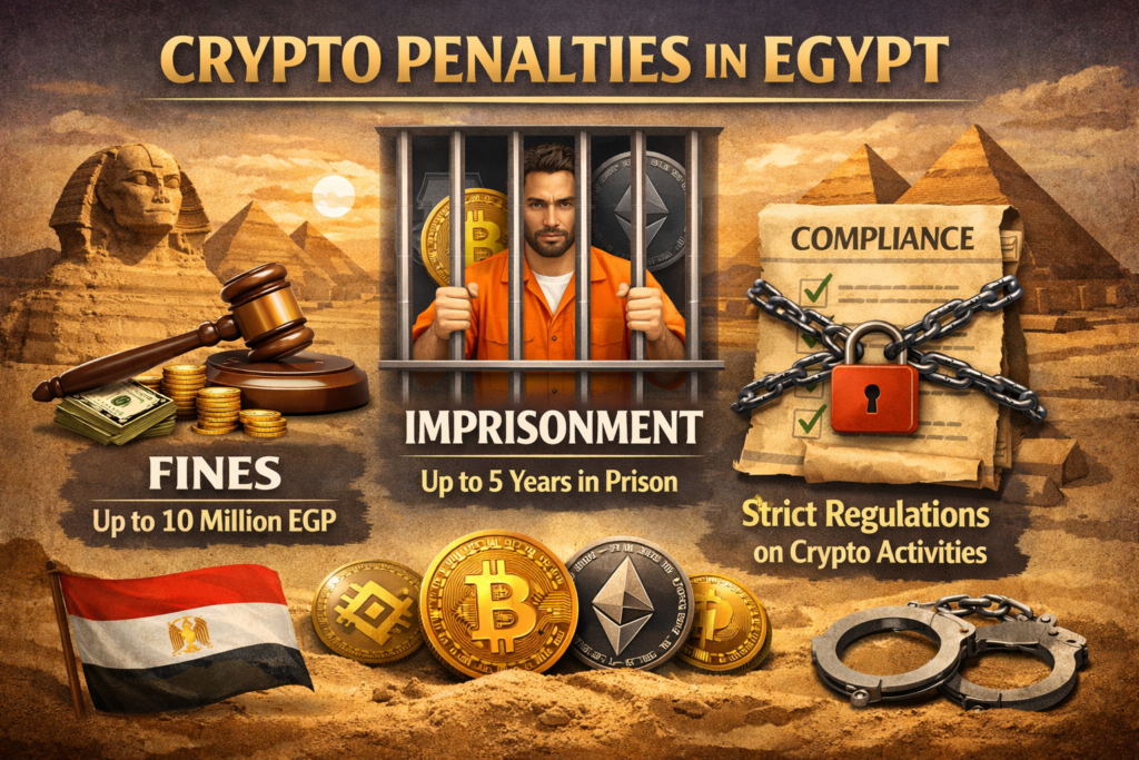 Visual summary of fines and imprisonment penalties for violating cryptocurrency rules in Egypt.